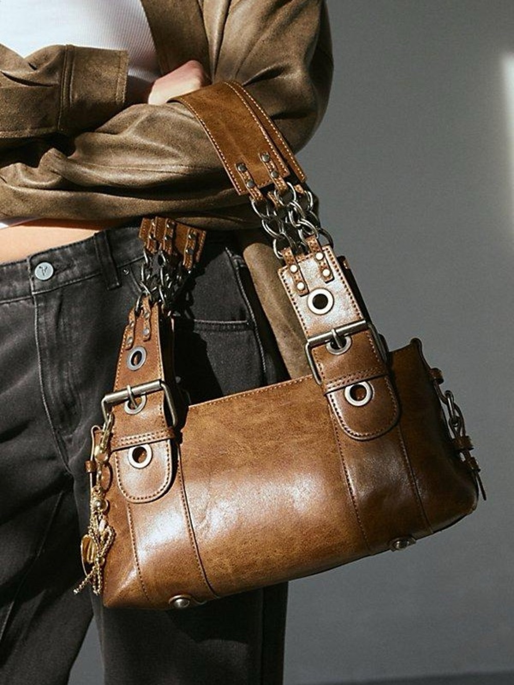 silence + noise Brown Vegan Leather Shoulder Bag with chain link straps